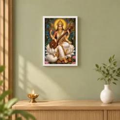 Saraswati Maa Traditional Indian Miniature-Inspired Devotional Art Photo Frame 14 Saraswati Maa Traditional Indian Miniature-Inspired Devotional Art Photo Frame — white frame distant wall