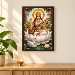 Saraswati Maa Grand Festival Flower Decoration Photo Frame — black frame pooja shelf