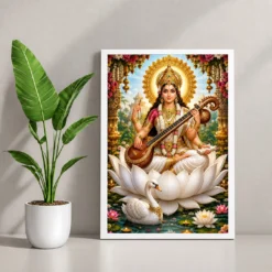 Saraswati Maa Grand Festival Flower Decoration Photo Frame — white frame console