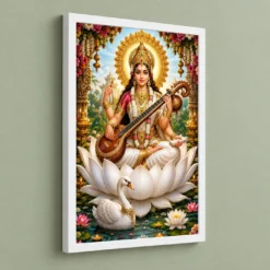 Saraswati Maa Grand Festival Flower Decoration Photo Frame — white frame angled wall