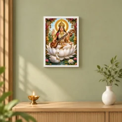 Saraswati Maa Grand Festival Flower Decoration Photo Frame — white frame distant wall