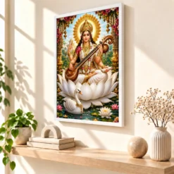 Saraswati Maa Grand Festival Flower Decoration Photo Frame — white frame warm console