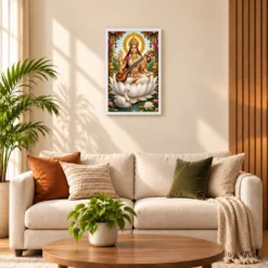 Saraswati Maa Grand Festival Flower Decoration Photo Frame — white frame sofa