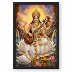 Saraswati Maa Cosmic Celestial Aura Photo Frame — black frame clean
