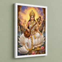 Saraswati Maa Cosmic Celestial Aura Photo Frame — white frame angled wall