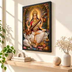 Saraswati Maa Peaceful Home Mandir Composition Photo Frame — black frame console