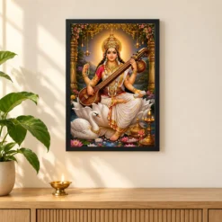 Saraswati Maa Peaceful Home Mandir Composition Photo Frame — black frame pooja shelf
