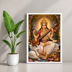 Saraswati Maa Peaceful Home Mandir Composition Photo Frame — white frame console