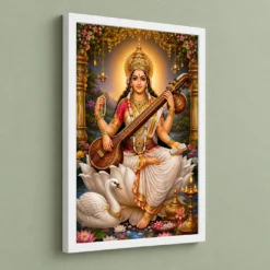 Saraswati Maa Peaceful Home Mandir Composition Photo Frame — white frame angled wall