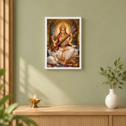 Saraswati Maa Peaceful Home Mandir Composition Photo Frame — white frame distant wall