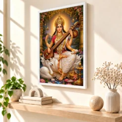 Saraswati Maa Peaceful Home Mandir Composition Photo Frame — white frame warm console