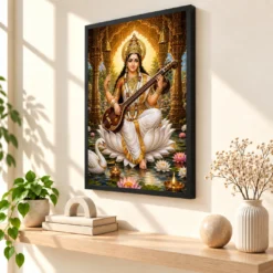 Saraswati Maa Heritage Temple Architecture Backdrop Photo Frame — black frame console