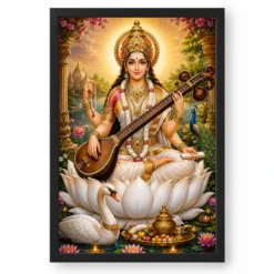 Saraswati Maa Vivid Premium Spiritual Poster Art Photo Frame — black frame clean