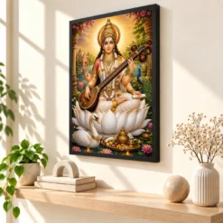 Saraswati Maa Vivid Premium Spiritual Poster Art Photo Frame — black frame console