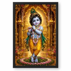 Bal Krishna Ornate Golden Temple Darshan Photo Frame — black frame clean