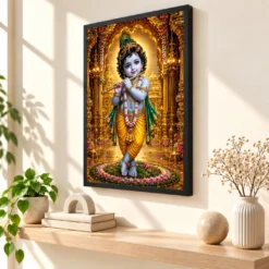 Bal Krishna Ornate Golden Temple Darshan Photo Frame — black frame console