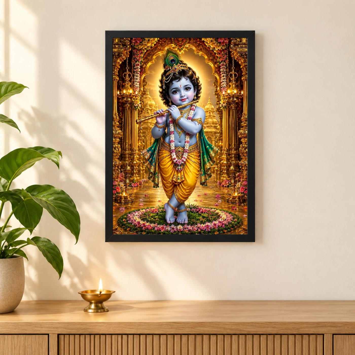 Bal Krishna Ornate Golden Temple Darshan Photo Frame 3 Bal Krishna Ornate Golden Temple Darshan Photo Frame — black frame pooja shelf
