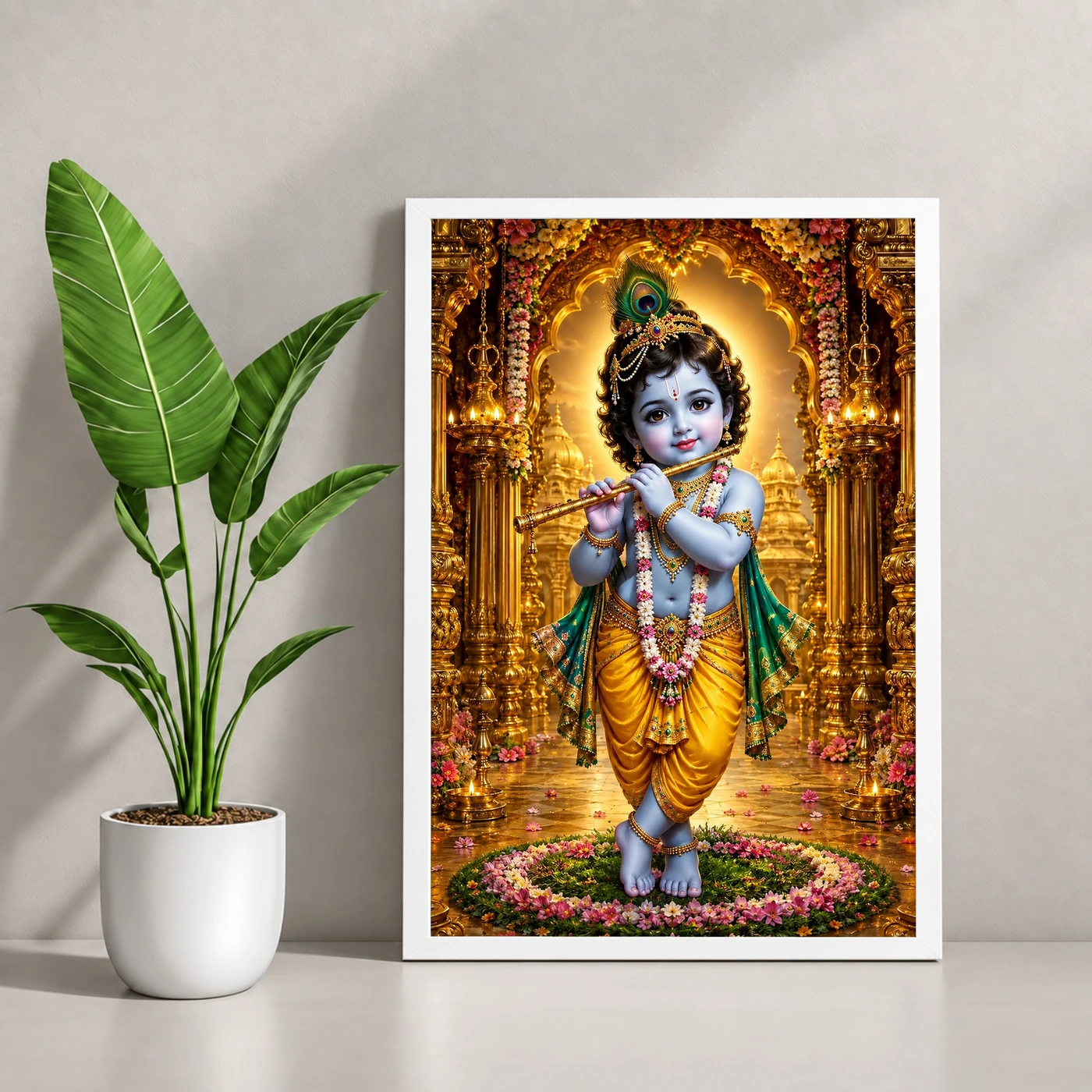 Bal Krishna Ornate Golden Temple Darshan Photo Frame 4 Bal Krishna Ornate Golden Temple Darshan Photo Frame — white frame console