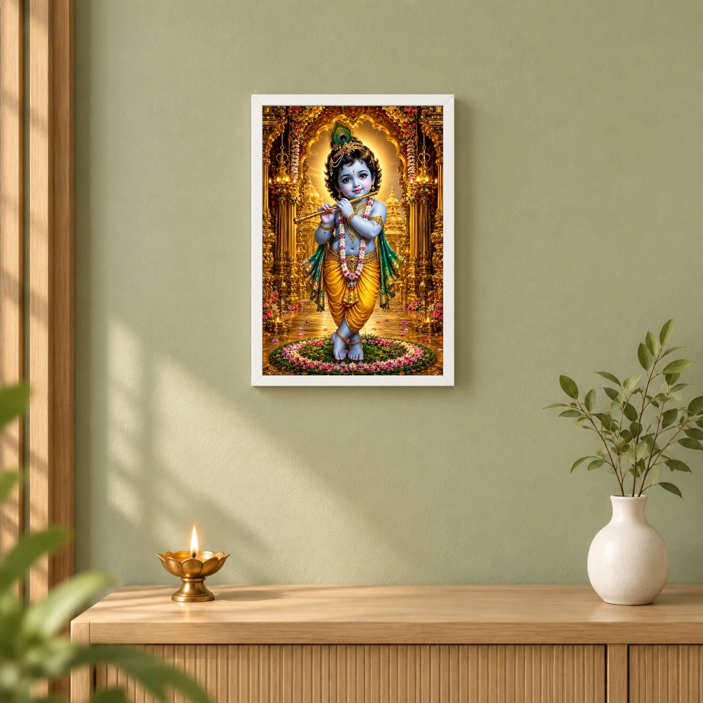 Bal Krishna Ornate Golden Temple Darshan Photo Frame 6 Bal Krishna Ornate Golden Temple Darshan Photo Frame — white frame distant wall