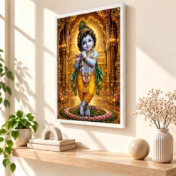 Bal Krishna Ornate Golden Temple Darshan Photo Frame 15 Bal Krishna Ornate Golden Temple Darshan Photo Frame — white frame warm console