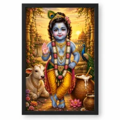 Bal Krishna Serene Sunrise Blessing Photo Frame — black frame clean
