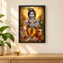 Bal Krishna Serene Sunrise Blessing Photo Frame — black frame pooja shelf
