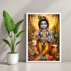 Bal Krishna Serene Sunrise Blessing Photo Frame — white frame console
