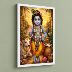 Bal Krishna Serene Sunrise Blessing Photo Frame — white frame angled wall