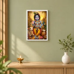 Bal Krishna Serene Sunrise Blessing Photo Frame — white frame distant wall