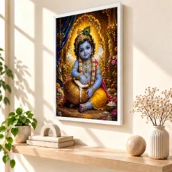 Bal Krishna Royal Jewel-Toned Portrait Photo Frame — white frame warm console