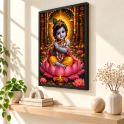 Bal Krishna Lotus And Diya Radiance Photo Frame — black frame console
