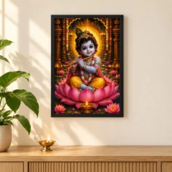 Bal Krishna Lotus And Diya Radiance Photo Frame — black frame pooja shelf