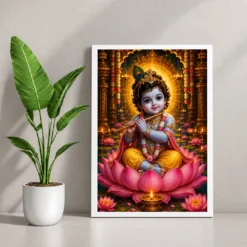 Bal Krishna Lotus And Diya Radiance Photo Frame — white frame console