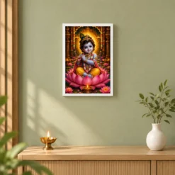 Bal Krishna Lotus And Diya Radiance Photo Frame — white frame distant wall