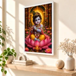 Bal Krishna Lotus And Diya Radiance Photo Frame — white frame warm console
