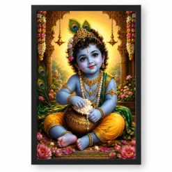Bal Krishna Traditional Indian Miniature-Inspired Devotional Art Photo Frame — black frame clean