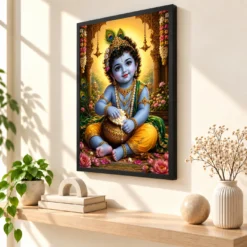 Bal Krishna Traditional Indian Miniature-Inspired Devotional Art Photo Frame — black frame console