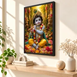 Bal Krishna Grand Festival Flower Decoration Photo Frame — black frame console