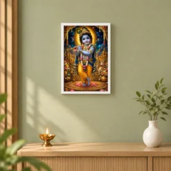 Bal Krishna Cosmic Celestial Aura Photo Frame — white frame distant wall
