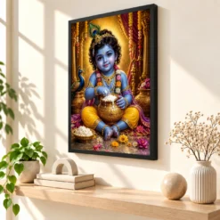 Bal Krishna Peaceful Home Mandir Composition Photo Frame — black frame console