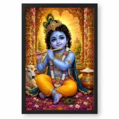 Bal Krishna Vivid Premium Spiritual Poster Art Photo Frame — black frame clean