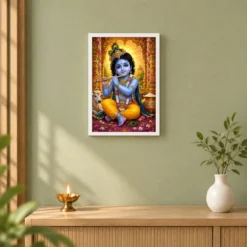 Bal Krishna Vivid Premium Spiritual Poster Art Photo Frame — white frame distant wall