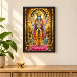 Lord Vishnu Ornate Golden Temple Darshan Photo Frame 11 Lord Vishnu Ornate Golden Temple Darshan Photo Frame — black frame pooja shelf