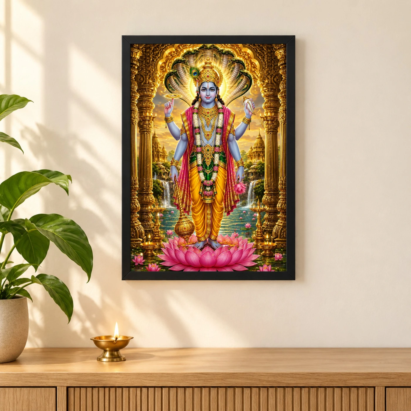 Lord Vishnu Ornate Golden Temple Darshan Photo Frame 3 Lord Vishnu Ornate Golden Temple Darshan Photo Frame — black frame pooja shelf