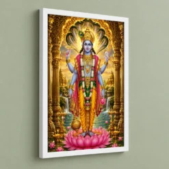 Lord Vishnu Ornate Golden Temple Darshan Photo Frame 13 Lord Vishnu Ornate Golden Temple Darshan Photo Frame — white frame angled wall