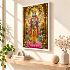 Lord Vishnu Ornate Golden Temple Darshan Photo Frame 15 Lord Vishnu Ornate Golden Temple Darshan Photo Frame — white frame warm console