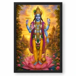 Lord Vishnu Serene Sunrise Blessing Photo Frame — black frame clean