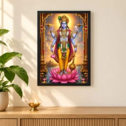 Lord Vishnu Peaceful Home Mandir Composition Photo Frame — black frame pooja shelf