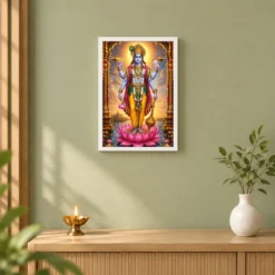 Lord Vishnu Peaceful Home Mandir Composition Photo Frame — white frame distant wall