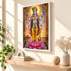 Lord Vishnu Peaceful Home Mandir Composition Photo Frame — white frame warm console